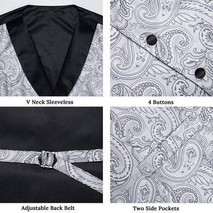 Black Collar Grey Paisley Jacquard Silk Vest Set vest set    - Sophisticated Gentlemen