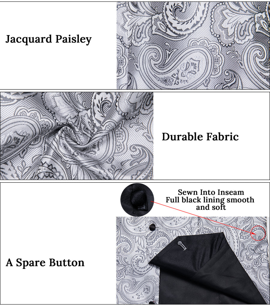 Black Collar Grey Paisley Jacquard Silk Vest Set vest set    - Sophisticated Gentlemen