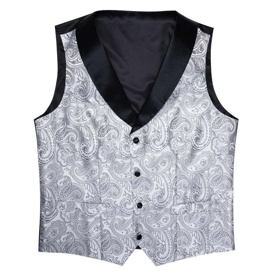 Black Collar Grey Paisley Jacquard Silk Vest Set vest set    - Sophisticated Gentlemen