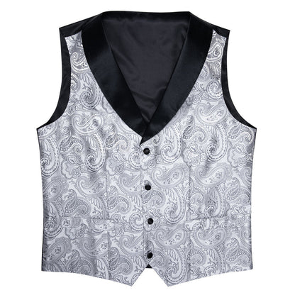 Black Collar Grey Paisley Jacquard Silk Vest Set vest set    - Sophisticated Gentlemen