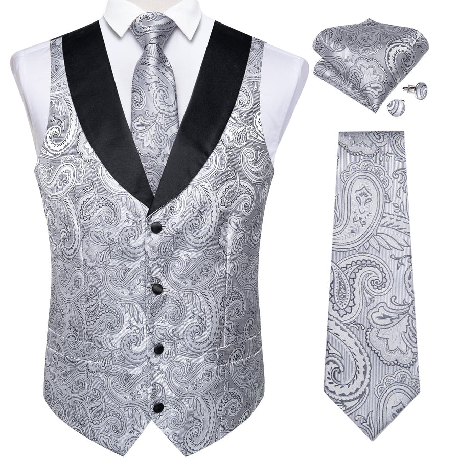 Black Collar Grey Paisley Jacquard Silk Vest Set vest set    - Sophisticated Gentlemen
