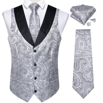 Black Collar Grey Paisley Jacquard Silk Vest Set vest set    - Sophisticated Gentlemen