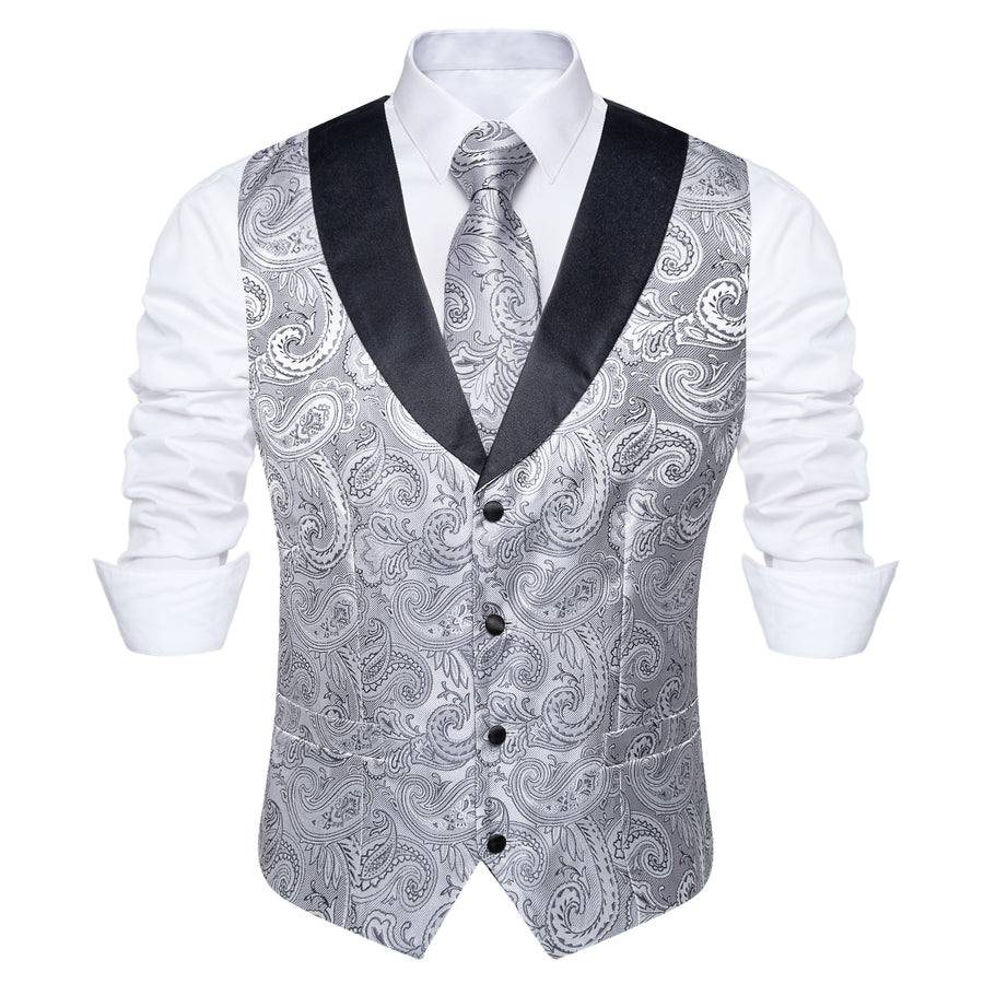 Black Collar Grey Paisley Jacquard Silk Vest Set vest set    - Sophisticated Gentlemen