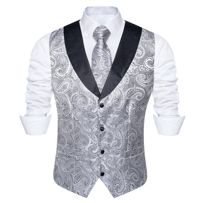 Black Collar Grey Paisley Jacquard Silk Vest Set vest set    - Sophisticated Gentlemen