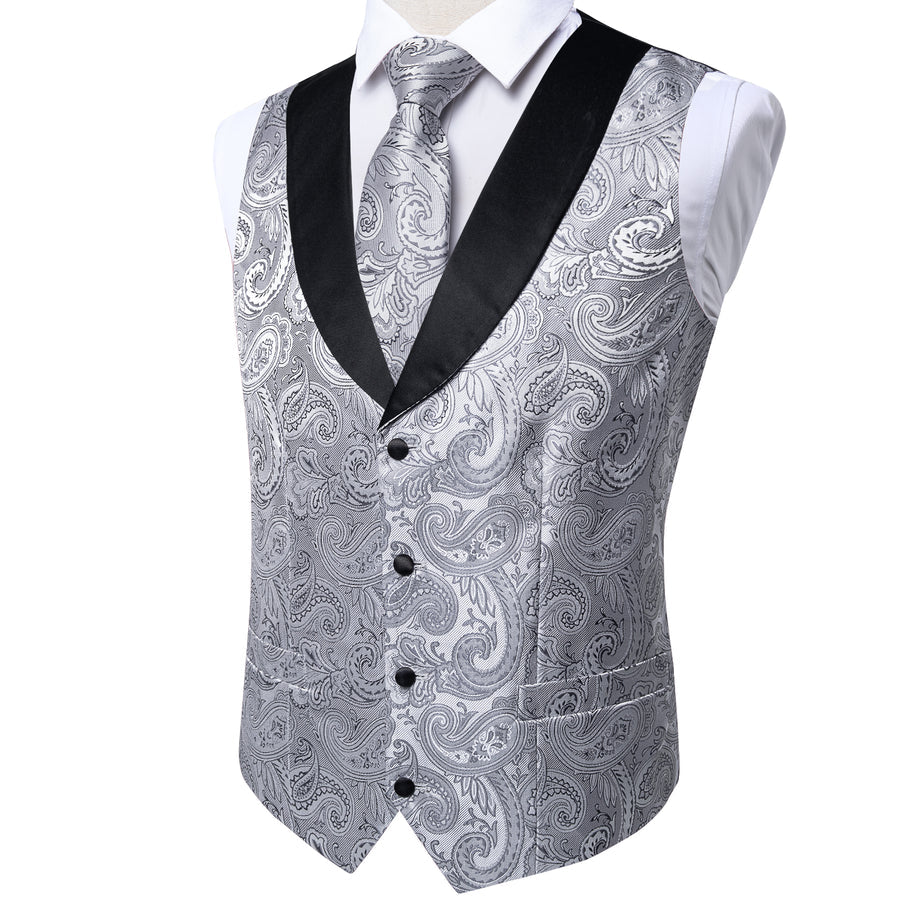 Black Collar Grey Paisley Jacquard Silk Vest Set vest set    - Sophisticated Gentlemen