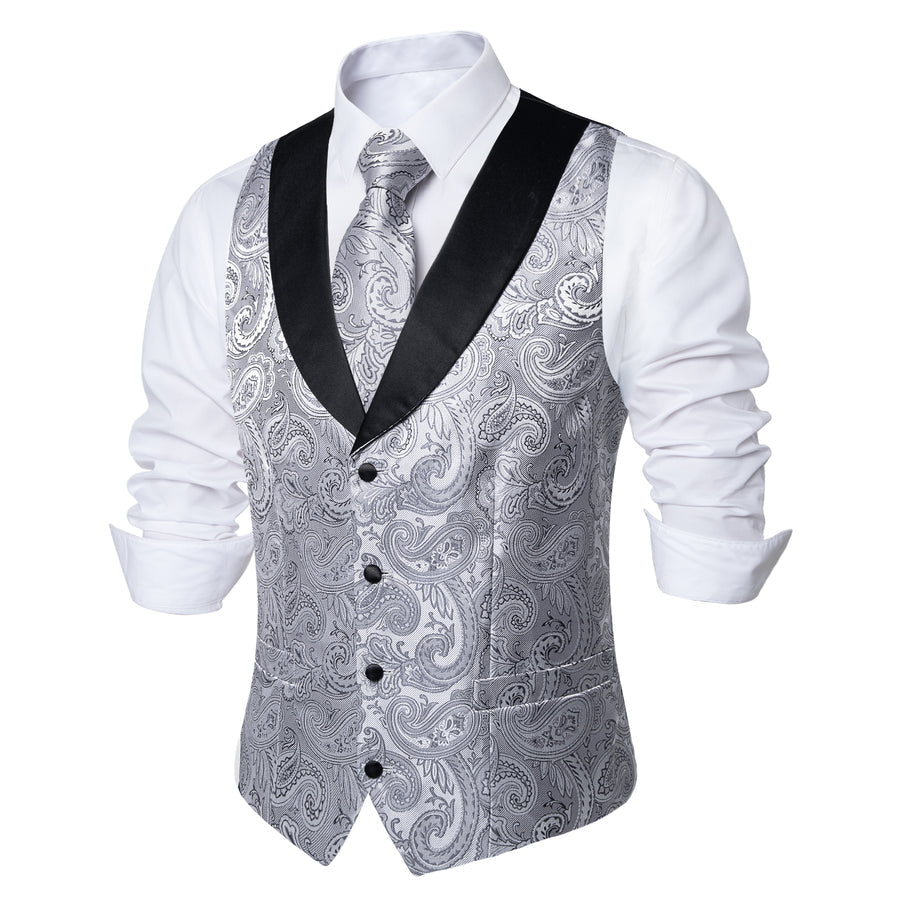 Black Collar Grey Paisley Jacquard Silk Vest Set vest set    - Sophisticated Gentlemen