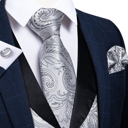 Black Collar Grey Paisley Jacquard Silk Vest Set vest set S (Chest 40")   - Sophisticated Gentlemen