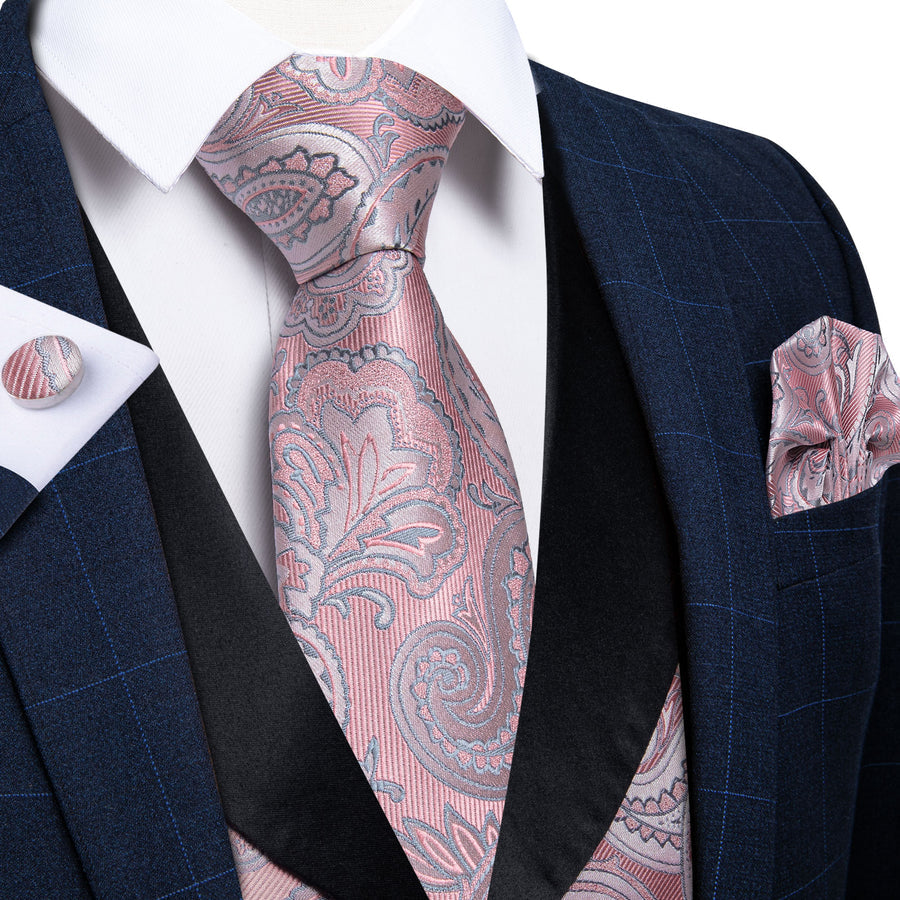 Black Collar Pink Paisley Jacquard Silk Vest Set vest set S (Chest 40")   - Sophisticated Gentlemen