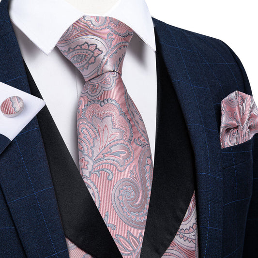 Black Collar Pink Paisley Jacquard Silk Vest Set vest set S (Chest 40")   - Sophisticated Gentlemen