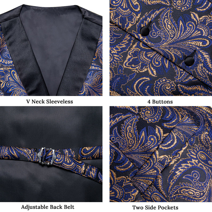 Blue Golden Paisley Black Collar V Neck Jacquard Silk Vest Set vest set    - Sophisticated Gentlemen