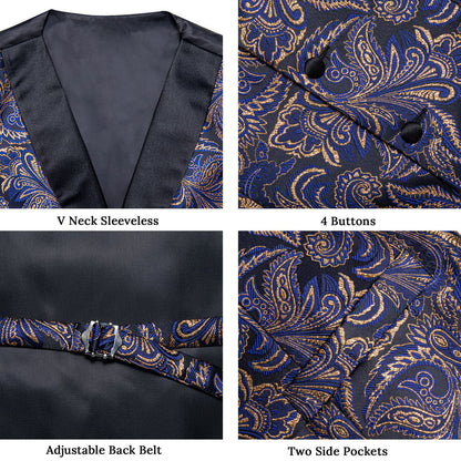 Blue Golden Paisley Black Collar V Neck Jacquard Silk Vest Set vest set    - Sophisticated Gentlemen