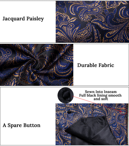 Blue Golden Paisley Black Collar V Neck Jacquard Silk Vest Set vest set    - Sophisticated Gentlemen