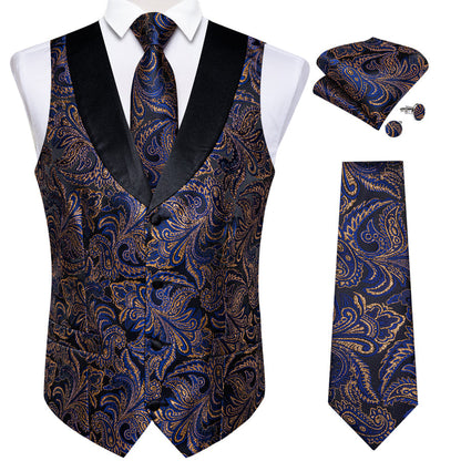 Blue Golden Paisley Black Collar V Neck Jacquard Silk Vest Set vest set S (Chest 40")   - Sophisticated Gentlemen