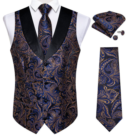 Blue Golden Paisley Black Collar V Neck Jacquard Silk Vest Set vest set S (Chest 40")   - Sophisticated Gentlemen