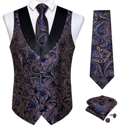 Blue Golden Paisley Black Collar V Neck Jacquard Silk Vest Set vest set    - Sophisticated Gentlemen