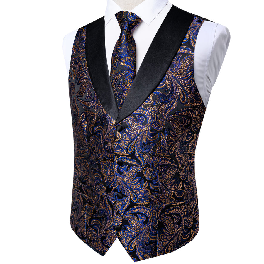 Blue Golden Paisley Black Collar V Neck Jacquard Silk Vest Set vest set    - Sophisticated Gentlemen
