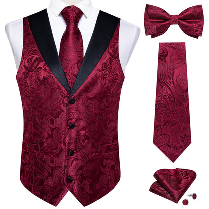 Burgundy Paisley Jacquard Silk Vest Set vest set S (Chest 40")   - Sophisticated Gentlemen