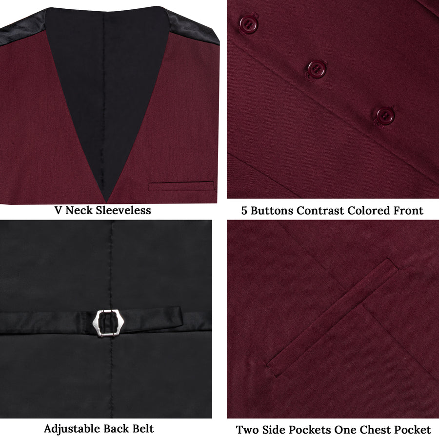 Dark Red Solid Silk Men's Classic Vest Set vest set    - Sophisticated Gentlemen