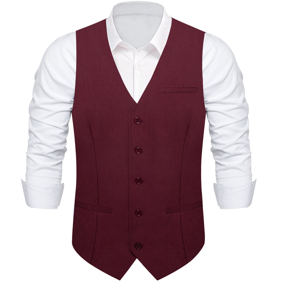 Dark Red Solid Silk Men's Classic Vest Set vest set    - Sophisticated Gentlemen
