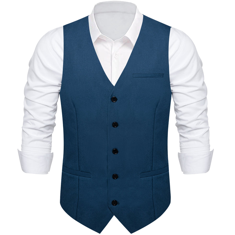 Denim Blue Solid Silk Men's Classic Vest Set vest set    - Sophisticated Gentlemen