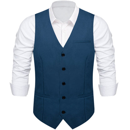 Denim Blue Solid Silk Men's Classic Vest Set vest set    - Sophisticated Gentlemen