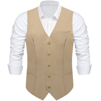 Khaki Yellow Solid Silk Vest Set vest set    - Sophisticated Gentlemen
