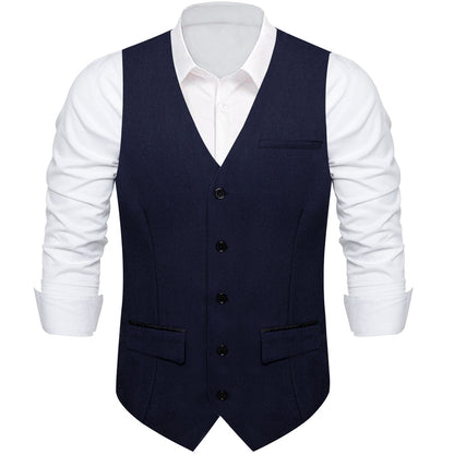 Navy Blue Solid Silk Men's Classic Vest Set vest set    - Sophisticated Gentlemen