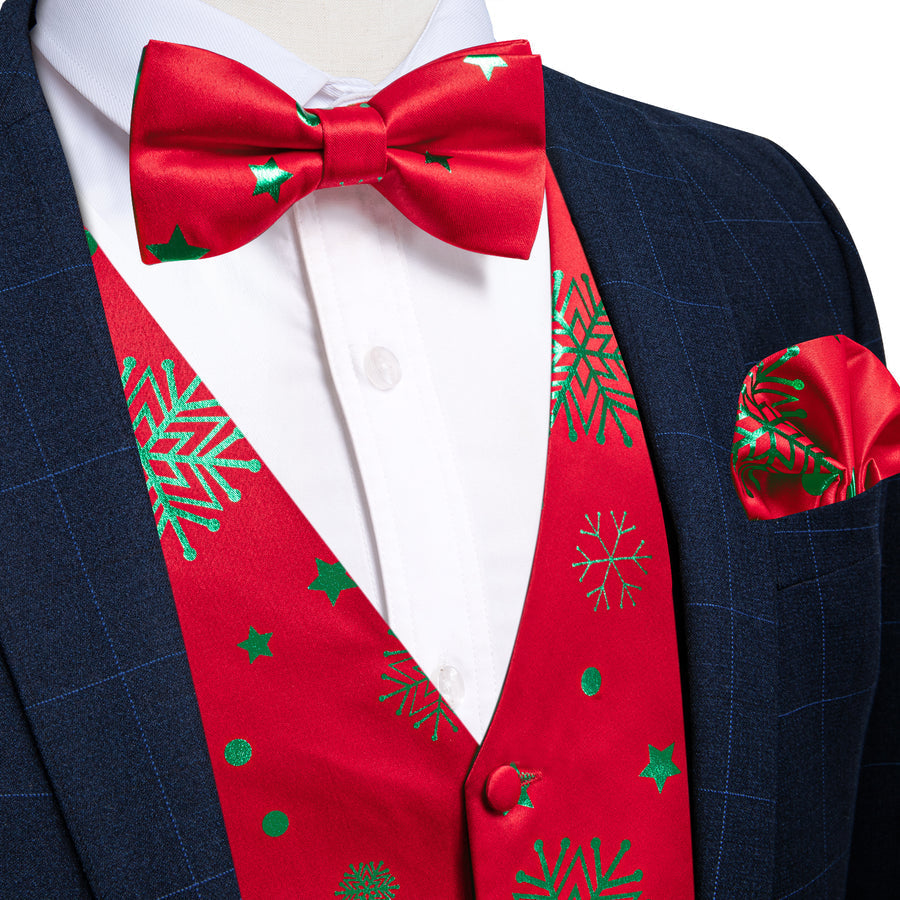 Christmas Red Green Pattern Novelty Jacquard Silk Men's Bowtie Vest Set vest set S (Chest 40")   - Sophisticated Gentlemen