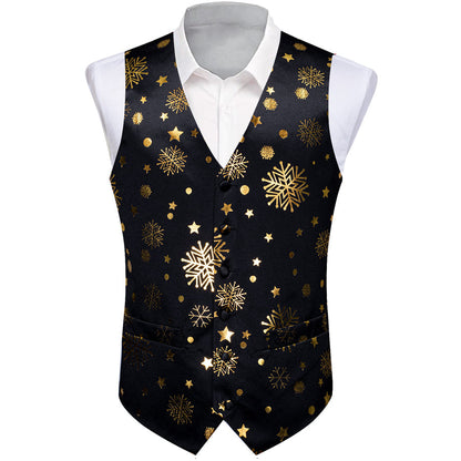 Christmas Black Golden Snowflake Novelty Splicing Jacquard Men's Vest Set vest set    - Sophisticated Gentlemen