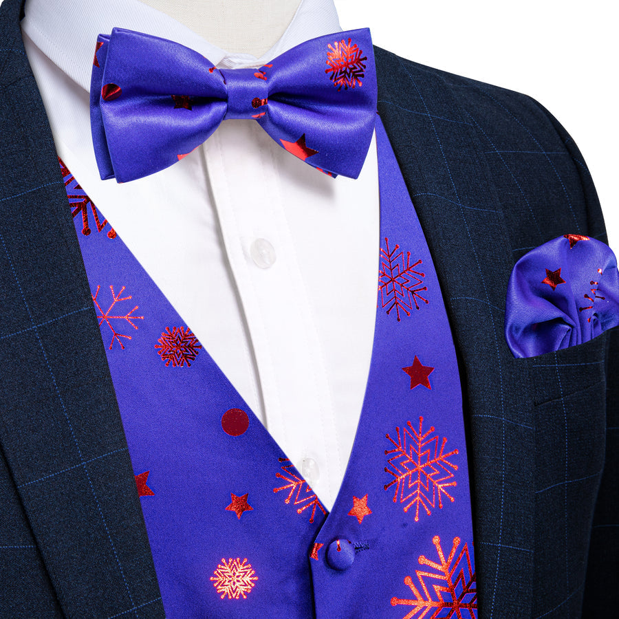 Christmas Blue Red Pattern Novelty Jacquard Silk Men's Bowtie Vest Set vest set S (Chest 40")   - Sophisticated Gentlemen