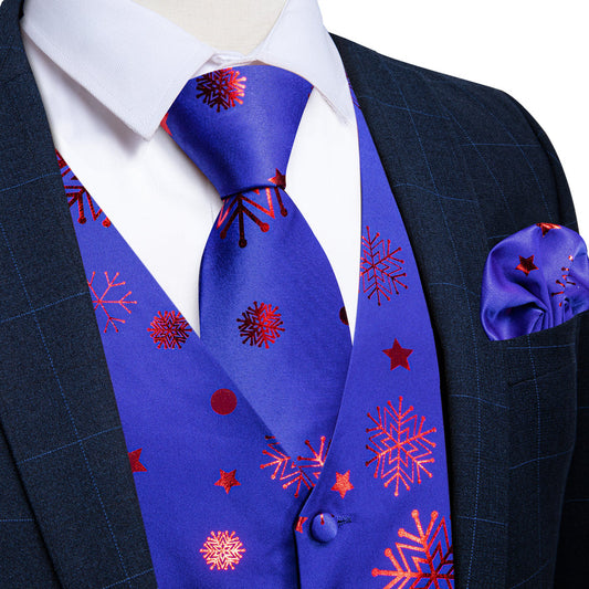 Christmas Blue Red Pattern Novelty Jacquard Silk Vest Set vest set S (Chest 40")   - Sophisticated Gentlemen