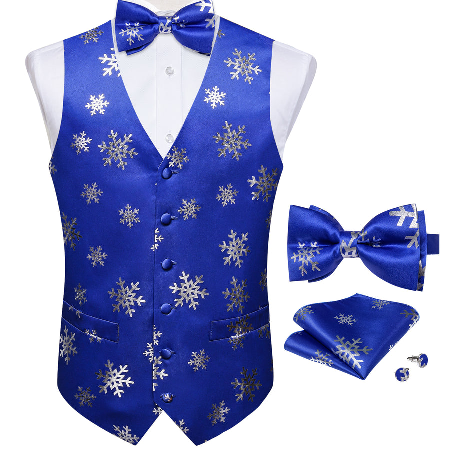 Blue Sliver Christmas Snowflake Novelty Silk Men's Bowtie Vest Set vest set    - Sophisticated Gentlemen