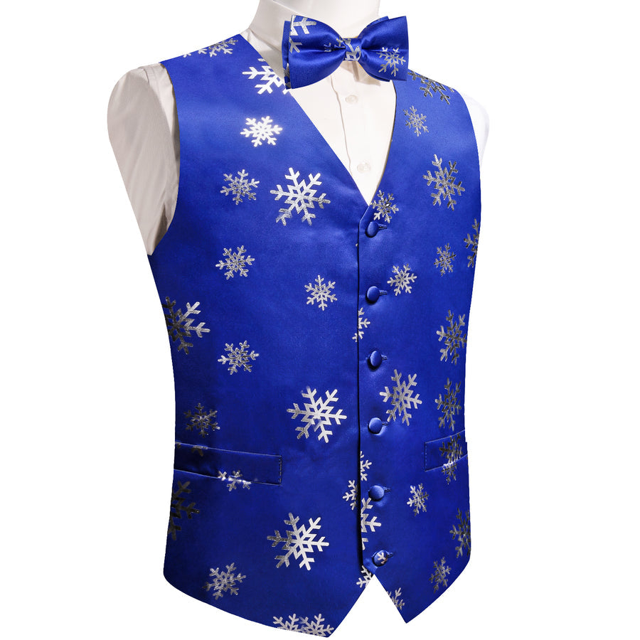Blue Sliver Christmas Snowflake Novelty Silk Men's Bowtie Vest Set vest set    - Sophisticated Gentlemen