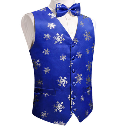 Blue Sliver Christmas Snowflake Novelty Silk Men's Bowtie Vest Set vest set    - Sophisticated Gentlemen