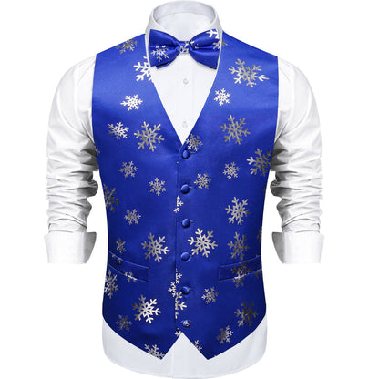 Blue Sliver Christmas Snowflake Novelty Silk Men's Bowtie Vest Set vest set    - Sophisticated Gentlemen