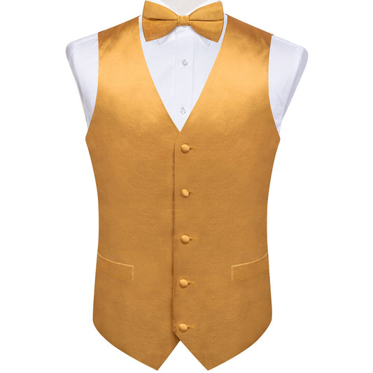 Satin Golden Solid Men's Bowtie Vest Set vest set S (Chest 40")   - Sophisticated Gentlemen