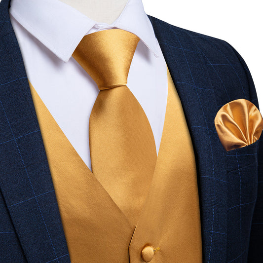 Satin Golden Solid Vest Set vest set S (Chest 40")   - Sophisticated Gentlemen