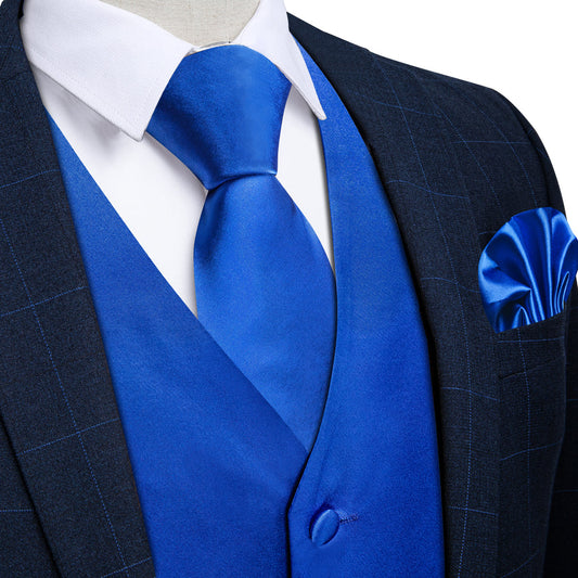 Satin Blue Klein Solid Vest Set vest set S (Chest 40")   - Sophisticated Gentlemen