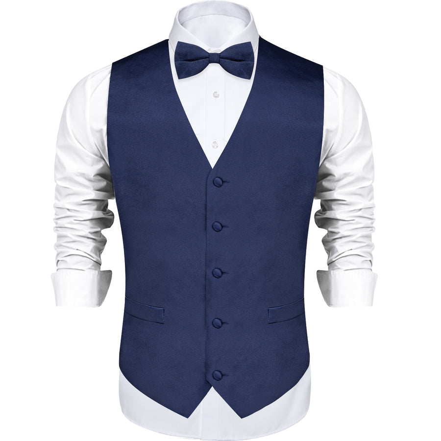 Navy Blue Solid Silk Men's Single Vest Set vest set S (Chest 40")   - Sophisticated Gentlemen
