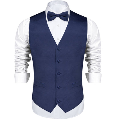 Navy Blue Solid Silk Men's Single Vest Set vest set S (Chest 40")   - Sophisticated Gentlemen