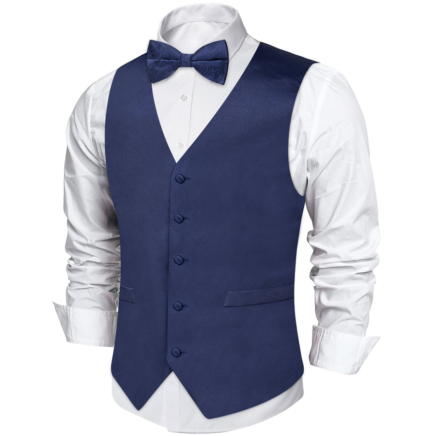 Navy Blue Solid Silk Men's Single Vest Set vest set    - Sophisticated Gentlemen