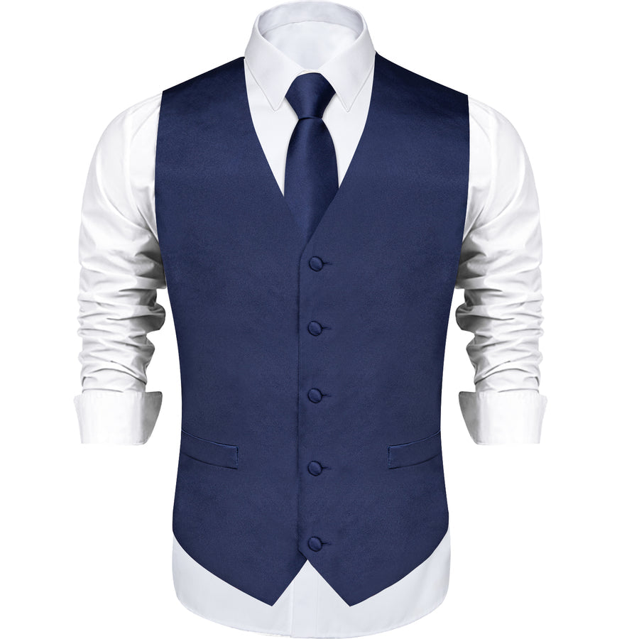 Dark Blue Solid Satin Men's Vest Set vest set    - Sophisticated Gentlemen