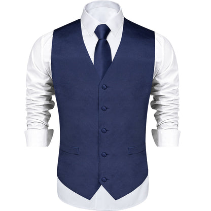 Dark Blue Solid Satin Men's Vest Set vest set    - Sophisticated Gentlemen