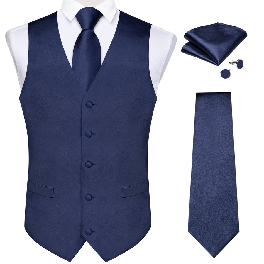 Dark Blue Solid Satin Men's Vest Set vest set    - Sophisticated Gentlemen