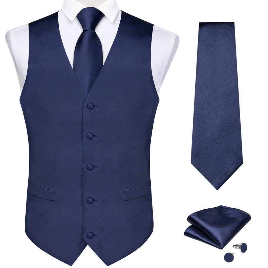 Dark Blue Solid Satin Men's Vest Set vest set    - Sophisticated Gentlemen