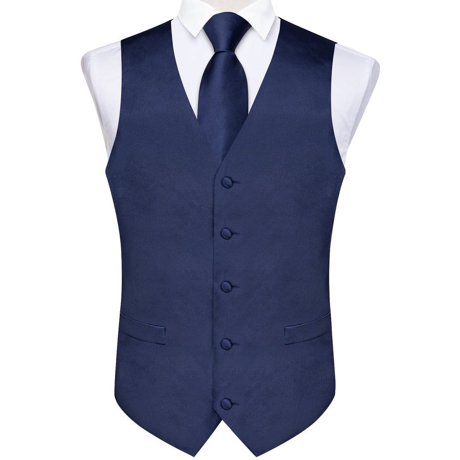 Dark Blue Solid Satin Men's Vest Set vest set    - Sophisticated Gentlemen