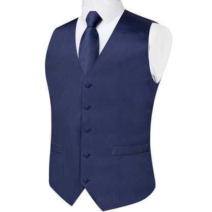 Dark Blue Solid Satin Men's Vest Set vest set    - Sophisticated Gentlemen