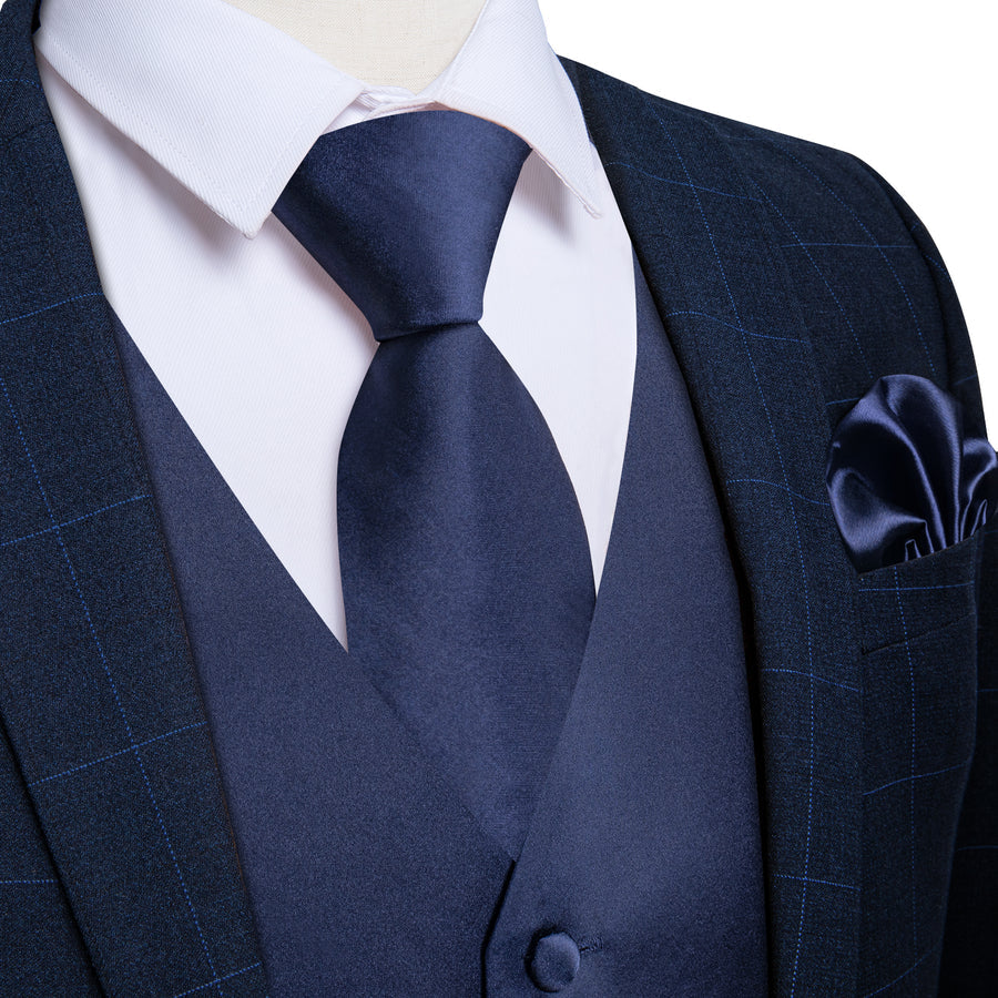 Dark Blue Solid Satin Men's Vest Set vest set S (Chest 40")   - Sophisticated Gentlemen