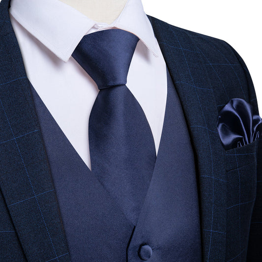 Dark Blue Solid Satin Men's Vest Set vest set S (Chest 40")   - Sophisticated Gentlemen