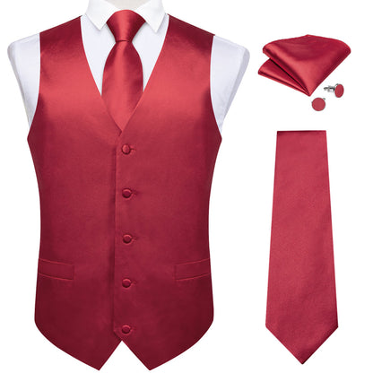 Dark Red Solid Satin Vest Set vest set    - Sophisticated Gentlemen